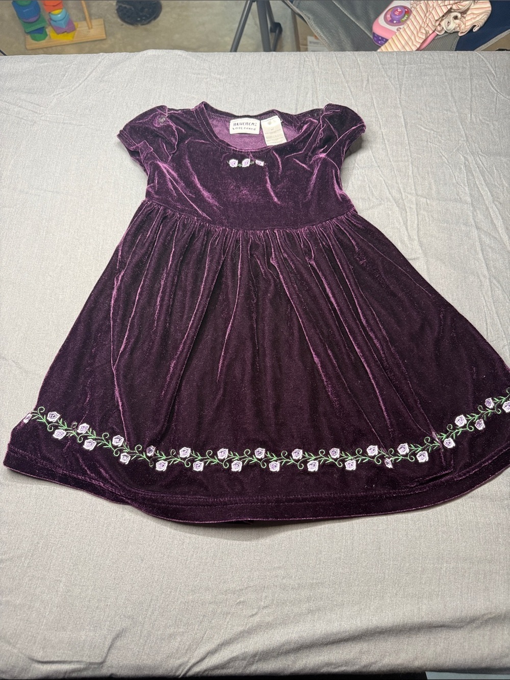 Blueberi Boulevard Deep Purple Velvet Dress with Floral Trim